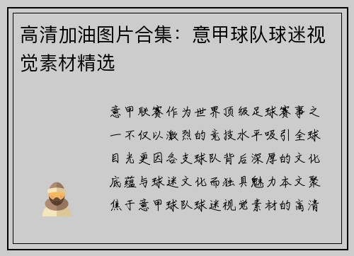 高清加油图片合集：意甲球队球迷视觉素材精选